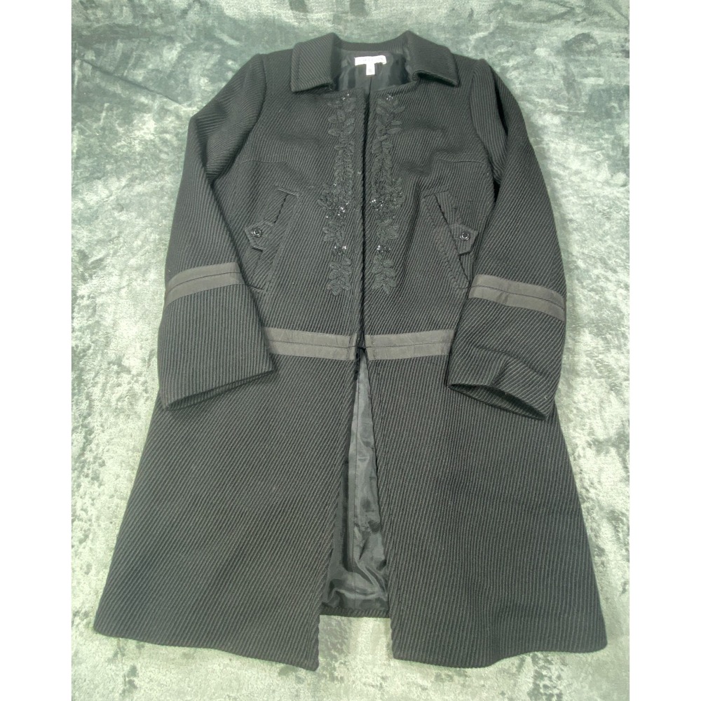 Sigrid Olsen Wool Coat Women 8 Black Peacoat Trench Long Twill Embroidery Floral